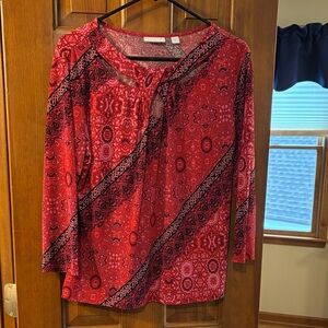 New York & Company Red and Black Printed Long Sleeve Blouse